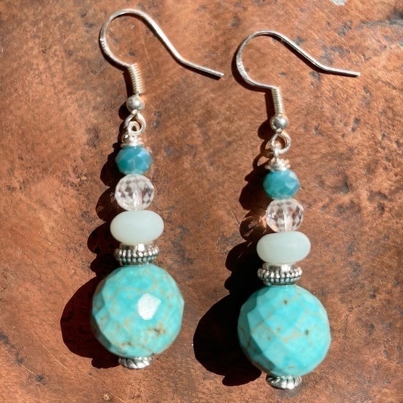 π
ΊSTERLING Silver Earrings Genuine Howlite Beads Ocean Blues & Clear Crystals - Picture 5 of 6